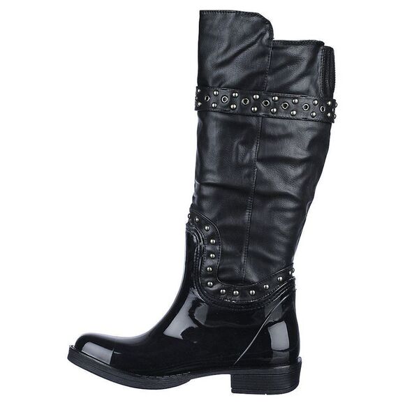 Women's Rivet Studded Shiny Black Rubber Rain Boot Rainboot - Picture 5 of 5